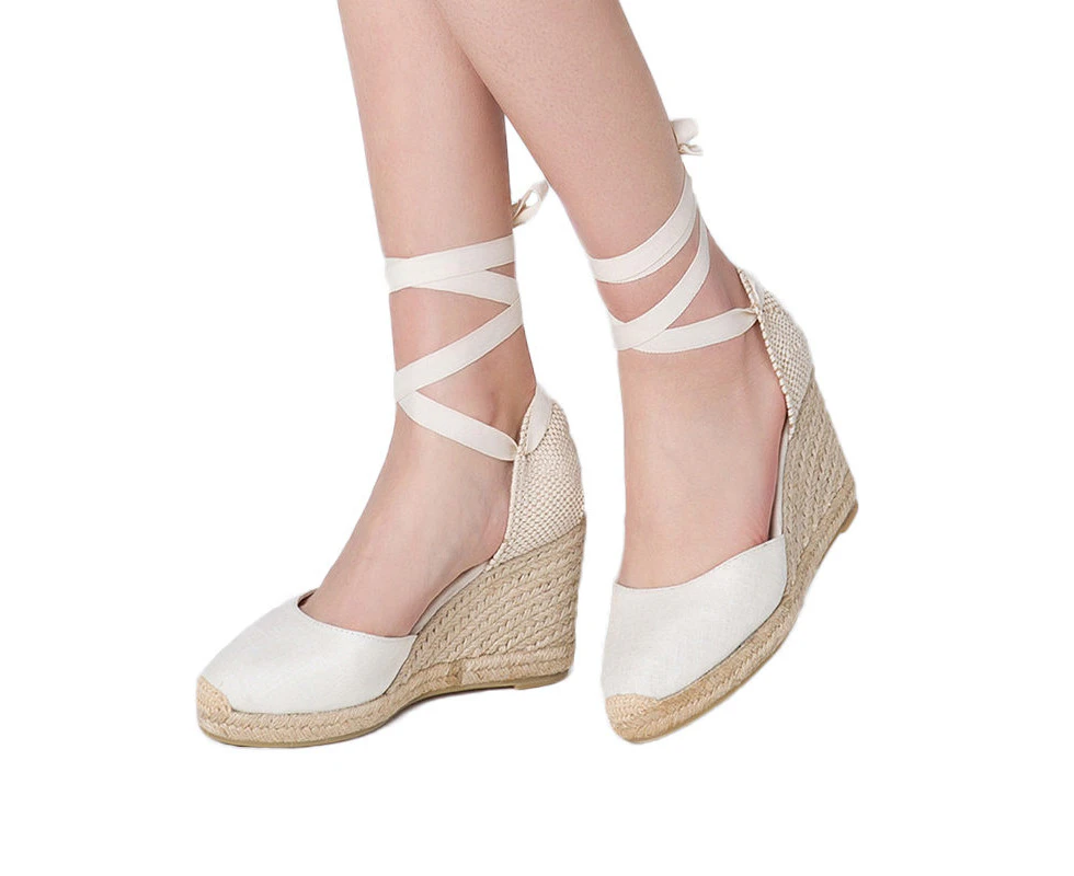 Amoretu 9CM Women’s Platform Wedges Espadrilles Closed Toe Classic Summer Sandals-White