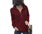 Strapsco Women 1/4 Zipper Long Sleeve Plain Casual Sweatshirts Pullovers Shirts Tops-Red