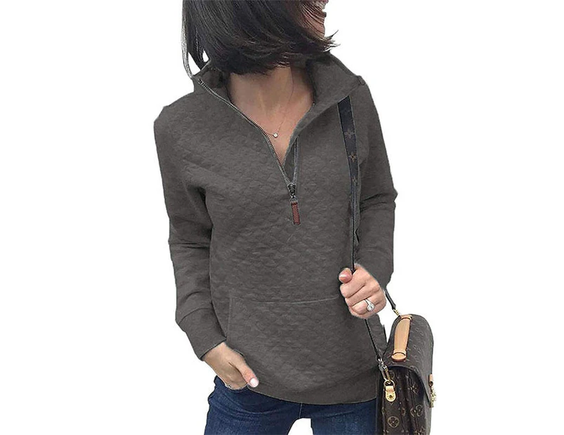 Strapsco Women 1/4 Zipper Long Sleeve Plain Casual Sweatshirts Pullovers Shirts Tops-Dark Gray