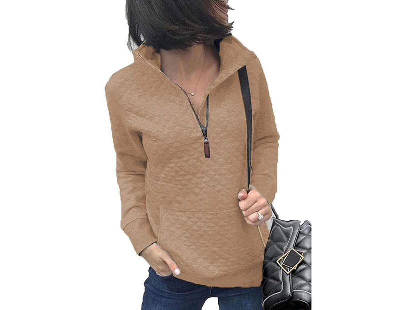 Strapsco Women 1/4 Zipper Long Sleeve Plain Casual Sweatshirts Pullovers Shirts Tops-Khaki