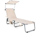 Costway Outdoor Folding Sun Lounger Bed Reclining Beach Deck Chair w/Adjustable Canopy & Storage Pocket, Pool Patio Yard Garden,Beige