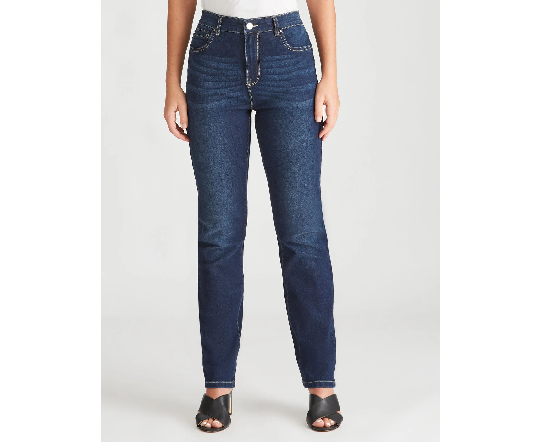 Rockmans - Womens Jeans - Blue Full Length - Cotton Pants - Denim Work Clothes - Summer - Dark Wash - Elastane - Office Wear - Casual Fashion Trousers