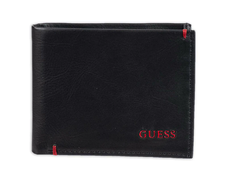 Guess Julian Double Billfold Mens Leather Wallet Credit Cards Holder Black/Red