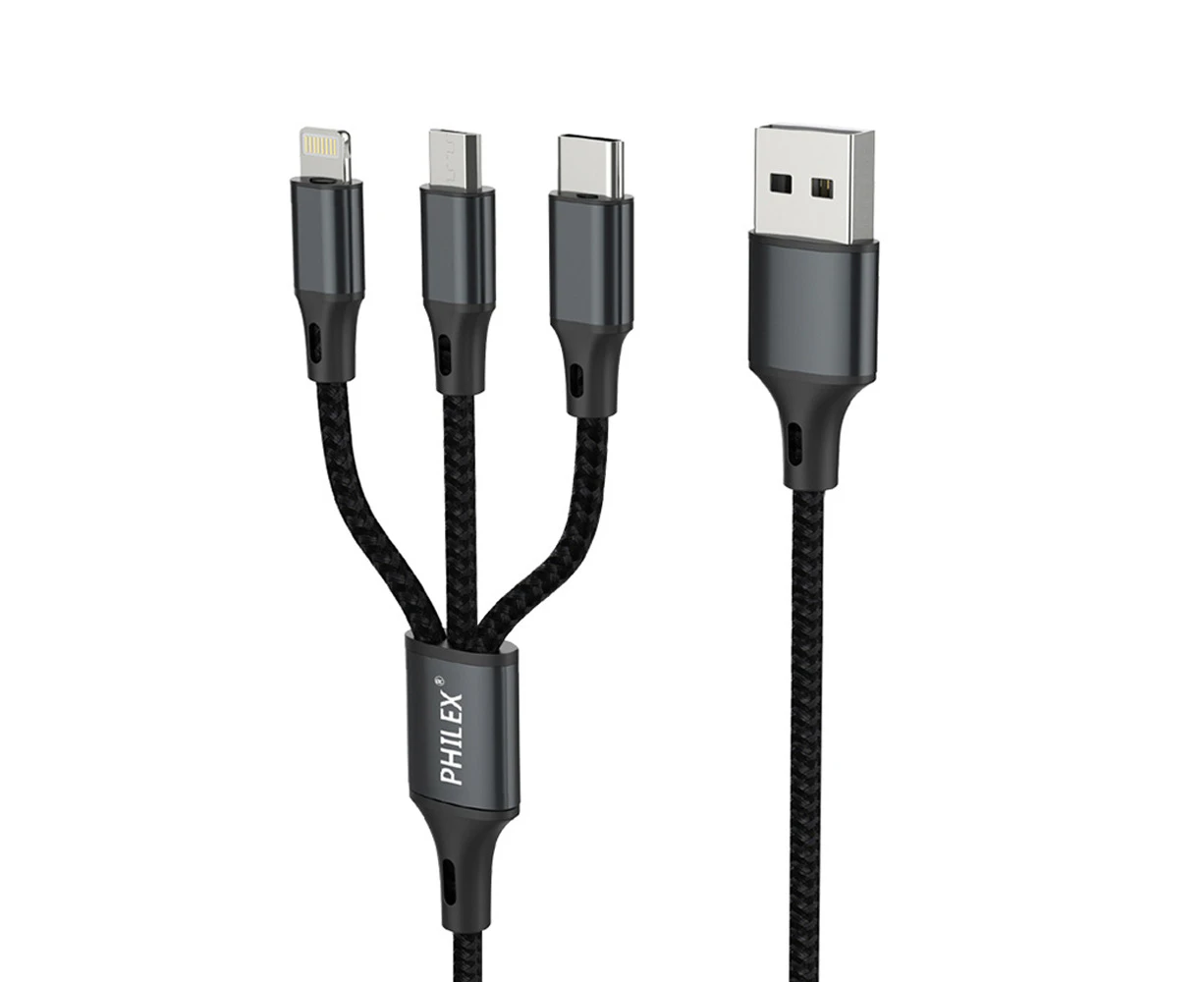 Philex 3 In 1 1.2m 8 Pin /Micro/USB C Charging Cable for iPhone/Samsung Black