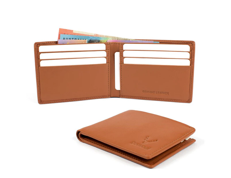 Genuine Leather Mens Slim Wallet RFID Protected Tan