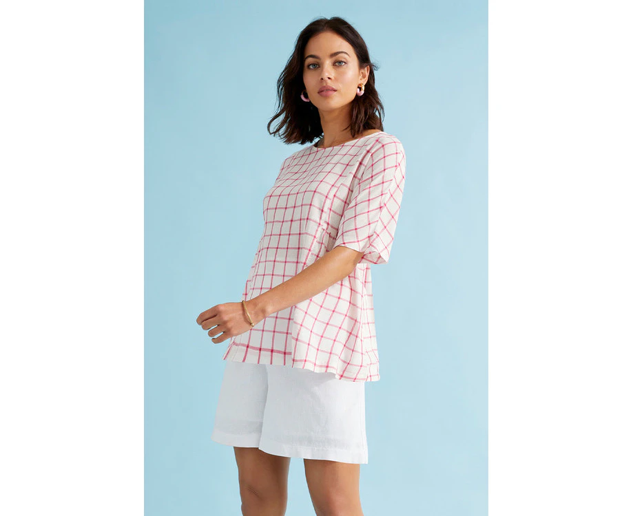 Womens Emerge Linen Blend Gather Detail Top Pink Check