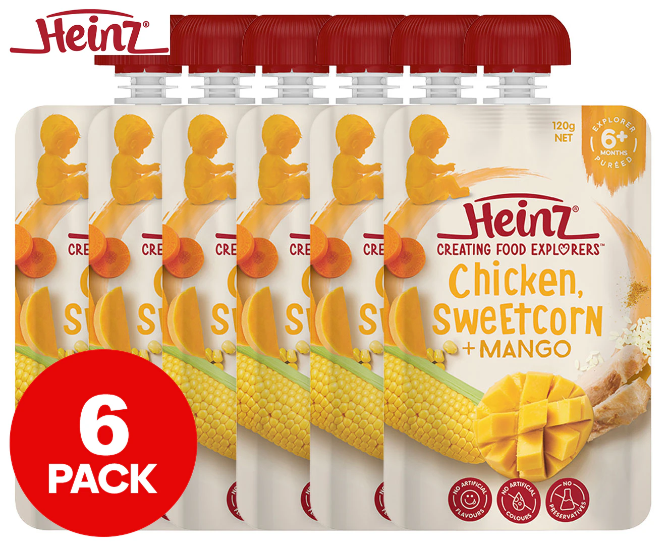 6 x Heinz for Baby Pureed Food in Pouch Chicken, Sweetcorn & Mango 120g