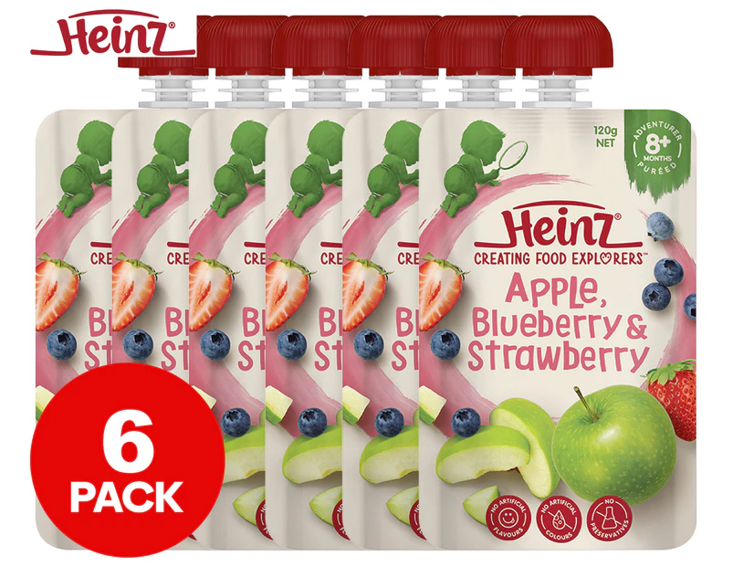 6 x Heinz for Baby Pureed Fruit in Pouch Apple, Blueberry & Strawberry 120g