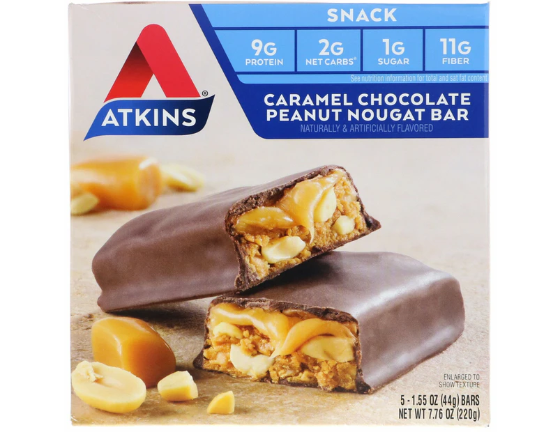Atkins, Snack, Caramel Chocolate Peanut Nougat Bar, 5 Bars, 1.6 oz (44 g) Each