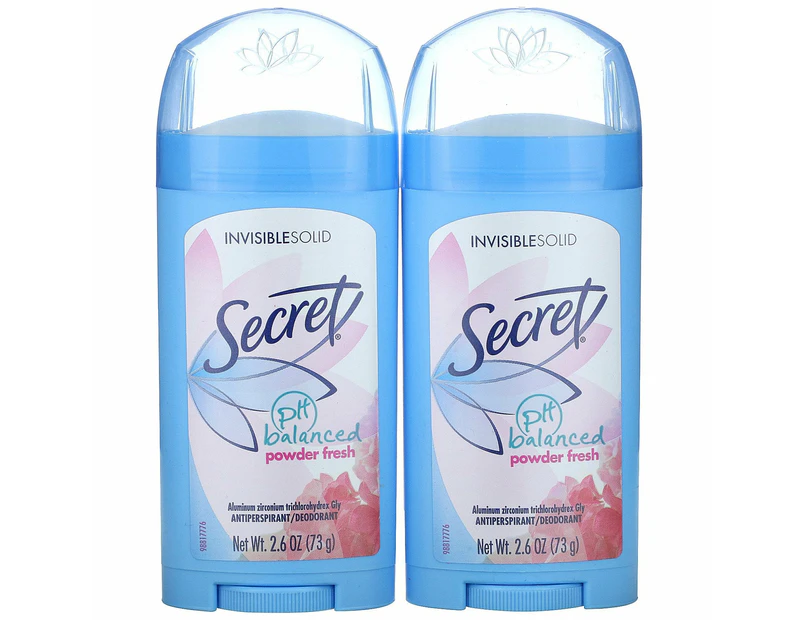 Secret, pH Balanced Deodorant, Invisible Solid, Powder Fresh, Twin Pack, 2.6 oz (73 g) Each