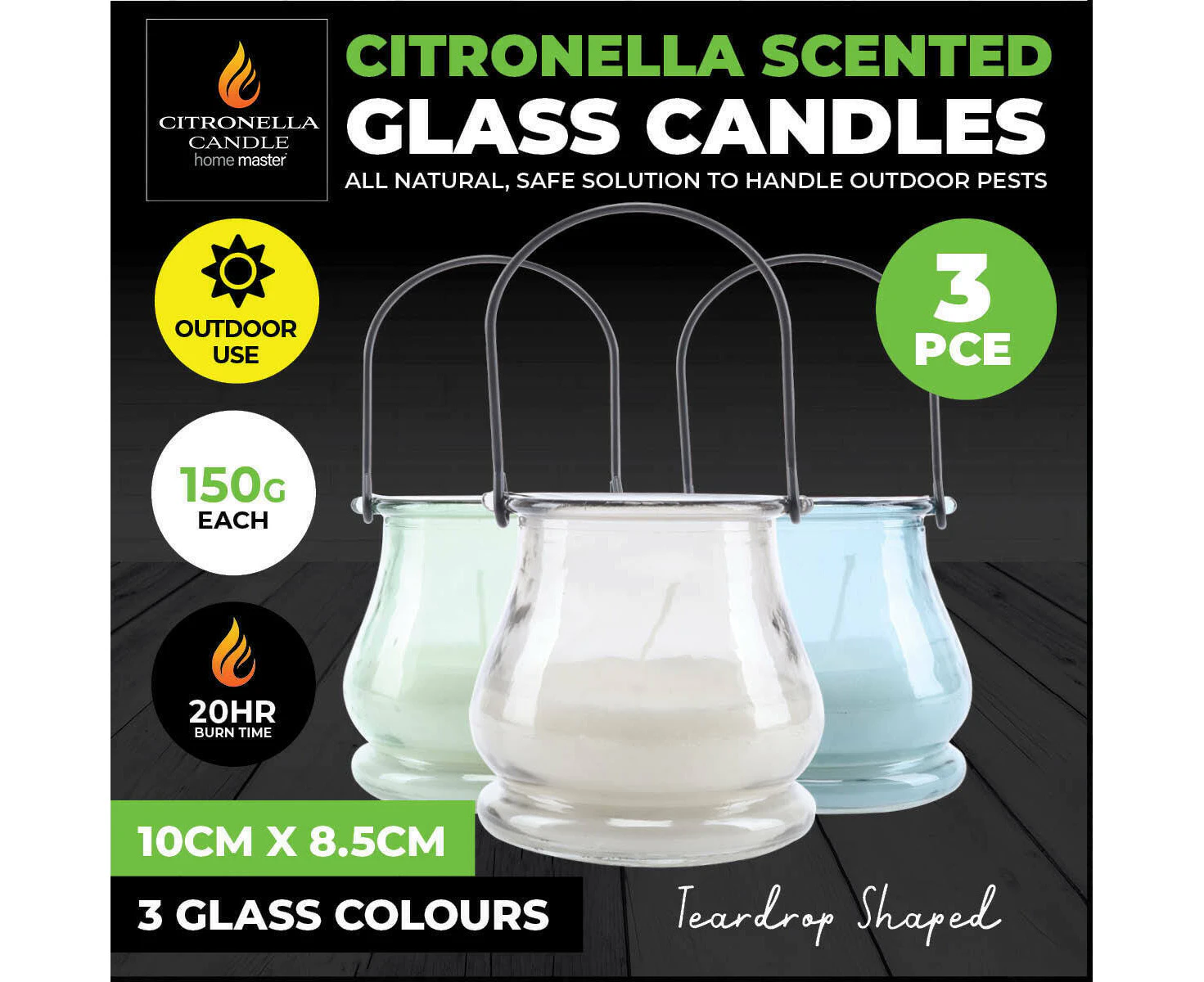 Home Master® 3PCE Citronella Scented Candles Coloured Teardrop Glass Pots 150g