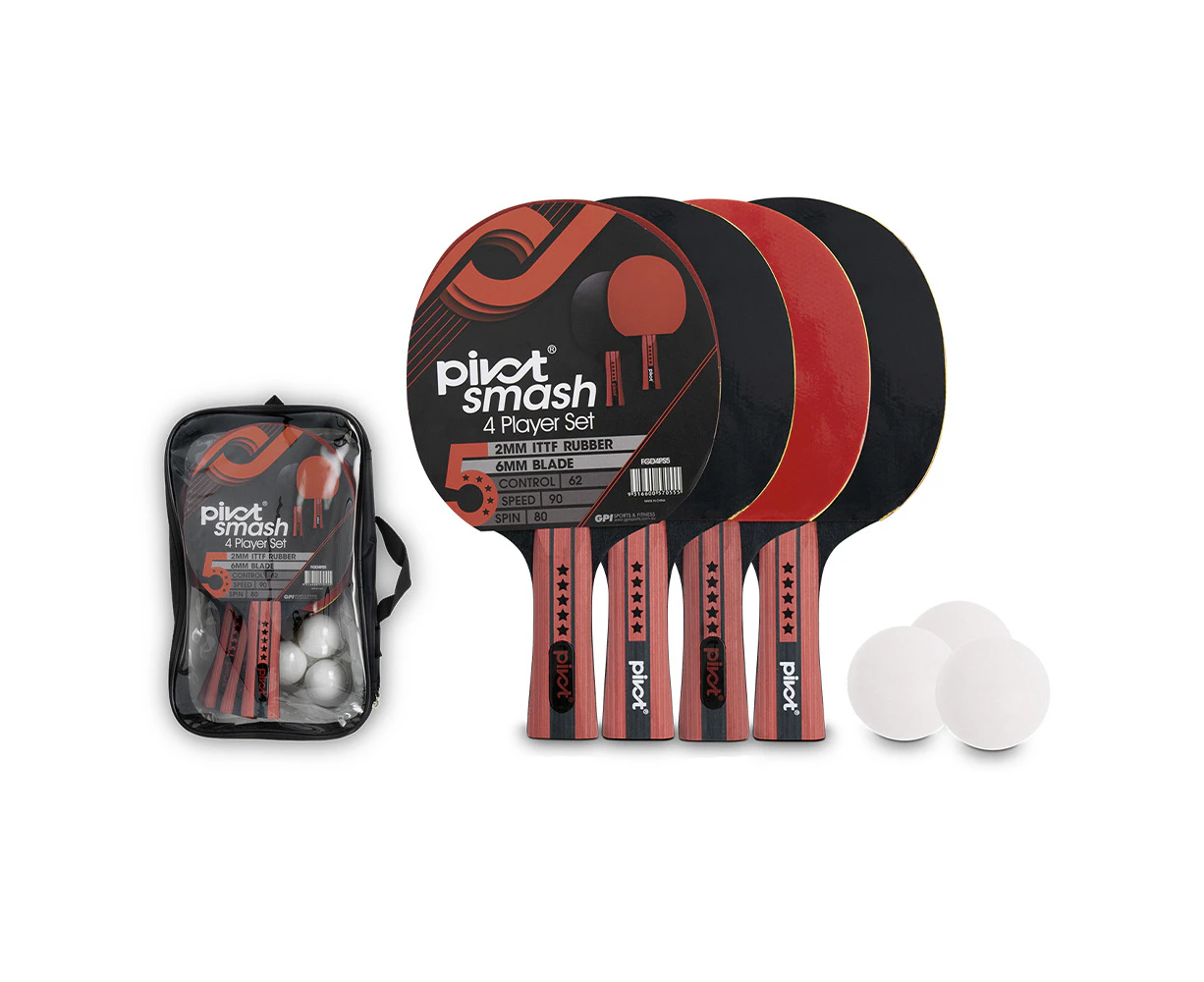 Pivot Smash 5 Star 4 Player Table Tennis/Pin Pong Set w/4 Racquet Bats/3 Balls