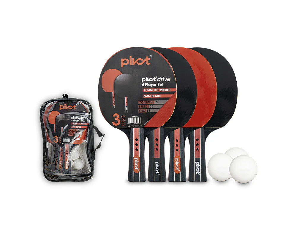 Pivot Drive 3 Star 4 Player Table Tennis/Pin Pong Set w/4 Racquet Bats/3 Balls