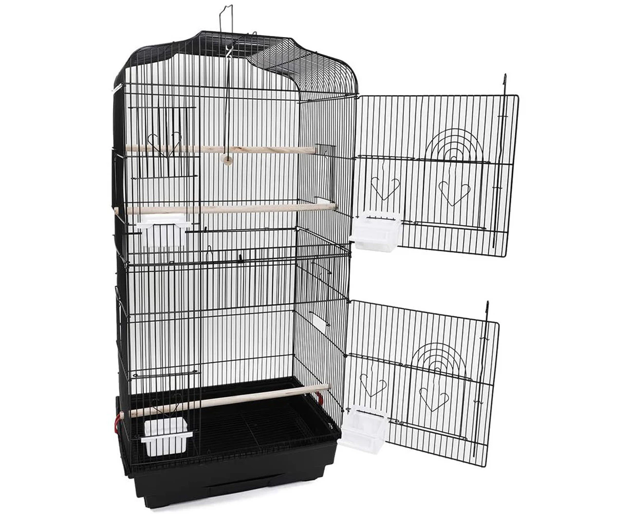 92cm Large Portable Wire Bird Cage Birdcage  Parrot Cage Wooden Stand Pole Feeding Cup Black