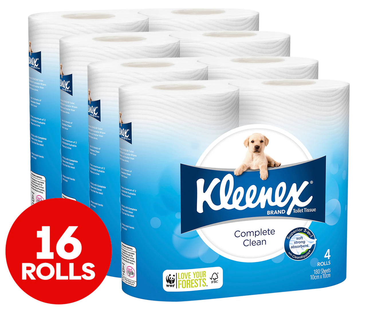 4 x Kleenex Complete Clean Toilet Tissue Rolls 4pk