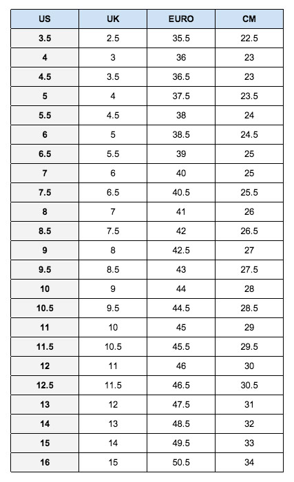 Brooks Size Chart Inches