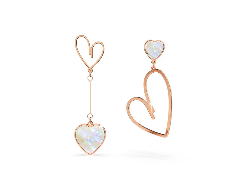 Open-Hearted MOP Shell Inlaid Asymmetrical Earrings Rose Gold Layered