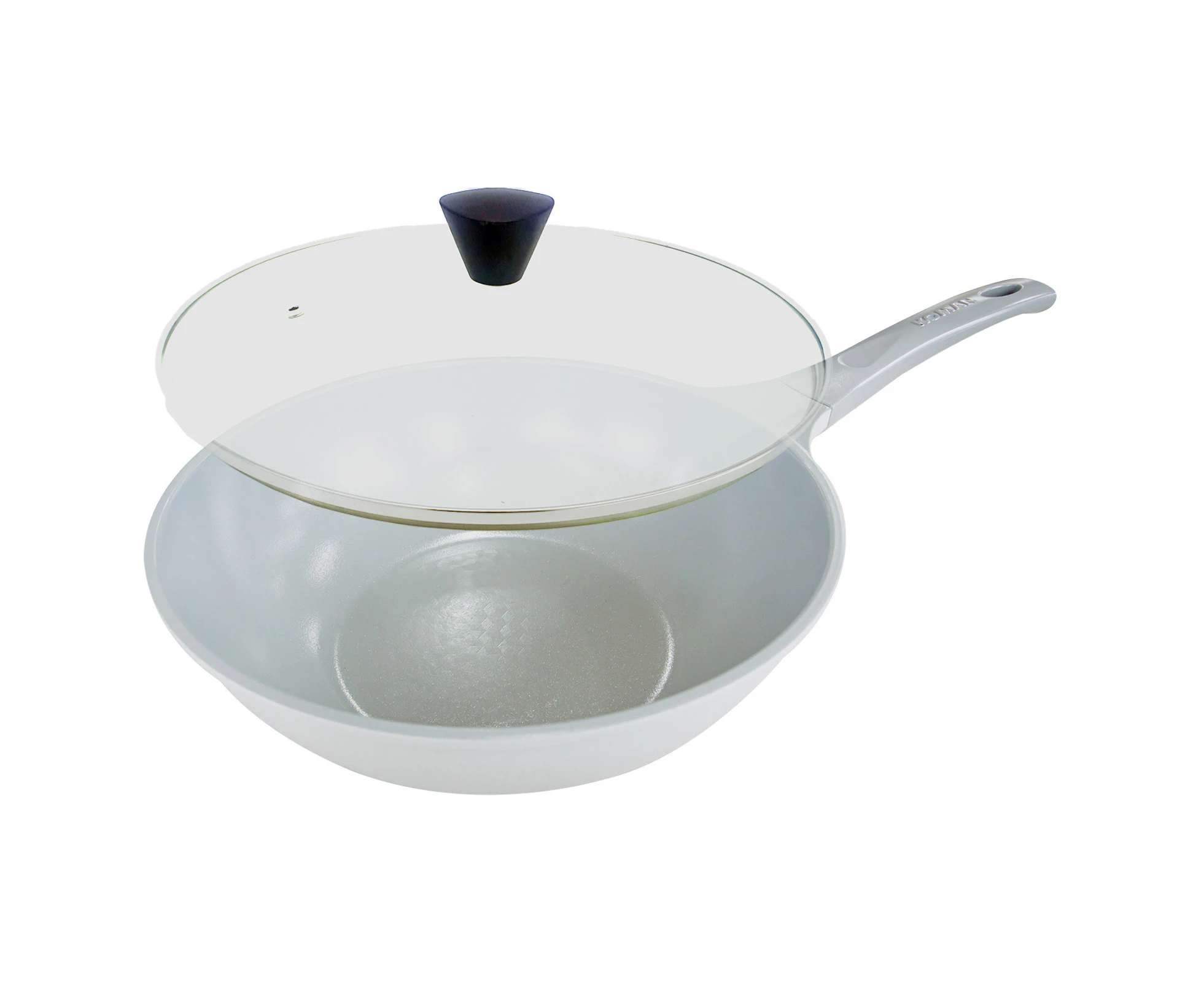 KOMAN 28cm Grey Shinewon Vinch IH Wok Wokpan Non-stick Induction Ceramic + Glass Lid