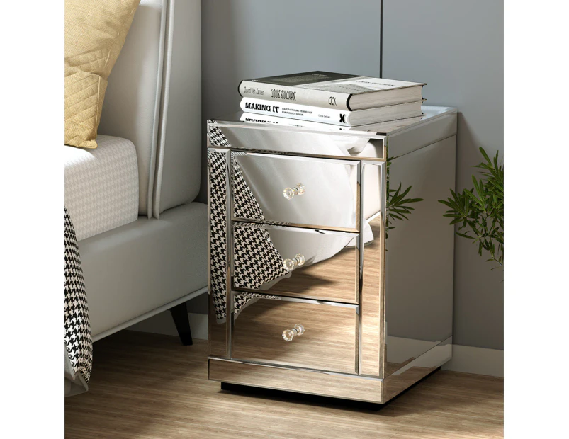 Artiss Bedside Table 3 Drawers Mirrored X2 - PRESIA Silver