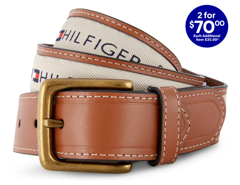Tommy Hilfiger Men's Ribbon Inlay Leather Belt - Tan/Khaki