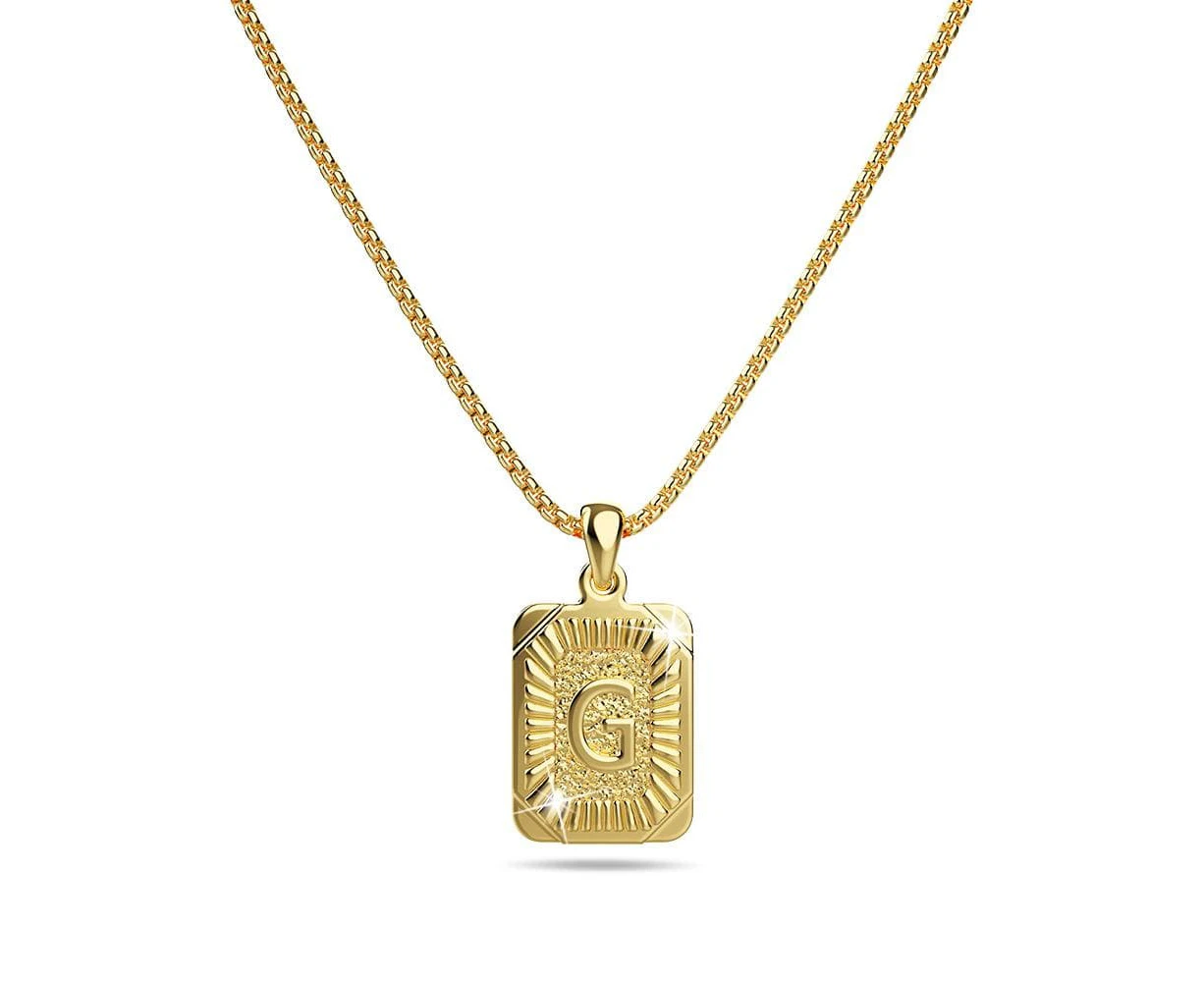 Vintage Inspired Initial Medal Gold Bar Pendant Round Box Chain Necklace - G