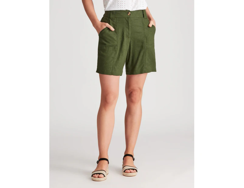 Katies Linen Blend Pocket Detail Shorts - Womens - Natural Olive