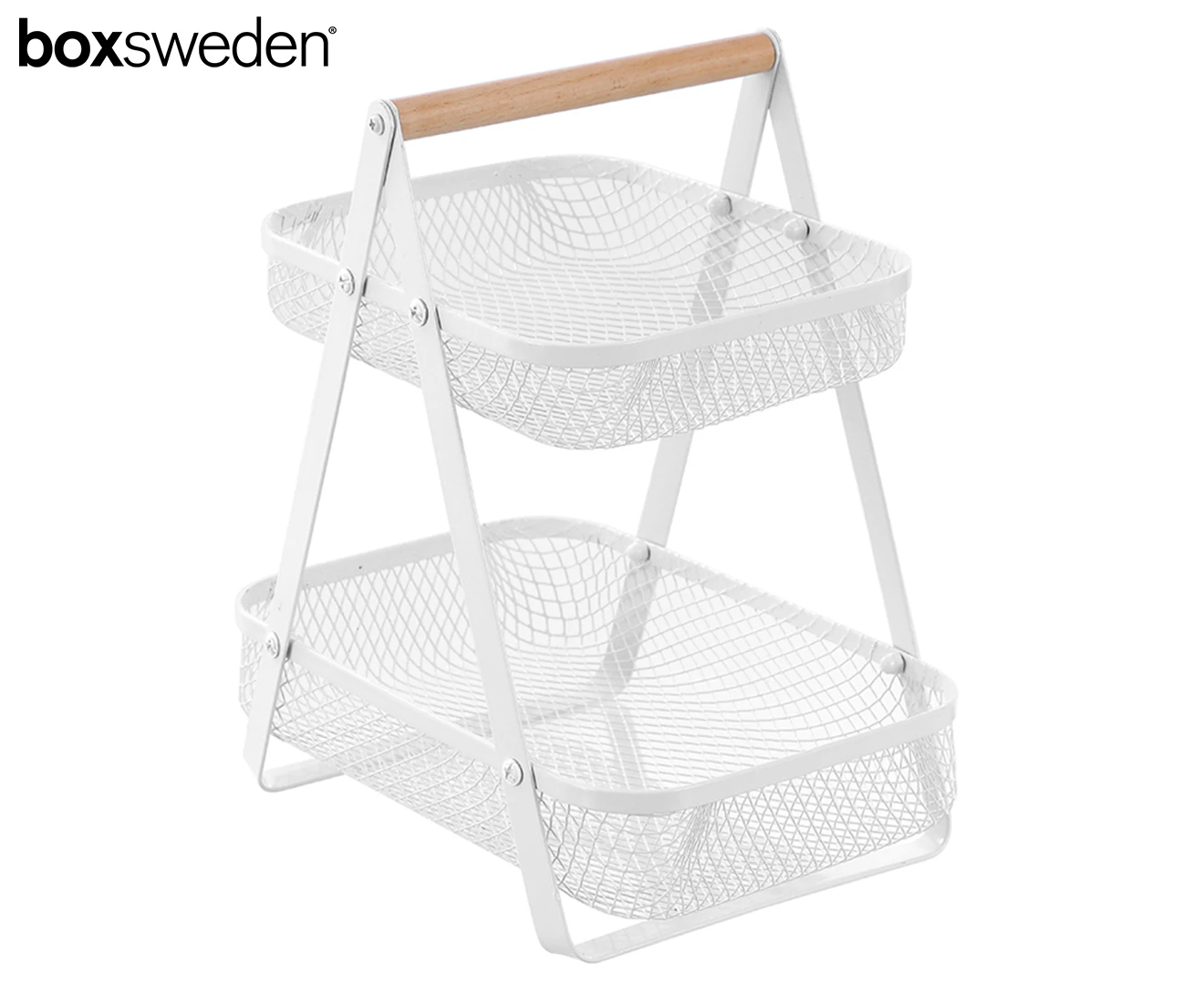 Boxsweden 29cm Mesh 2-Tier Bench Top Stand Organiser Rack w/ Wood Handle White