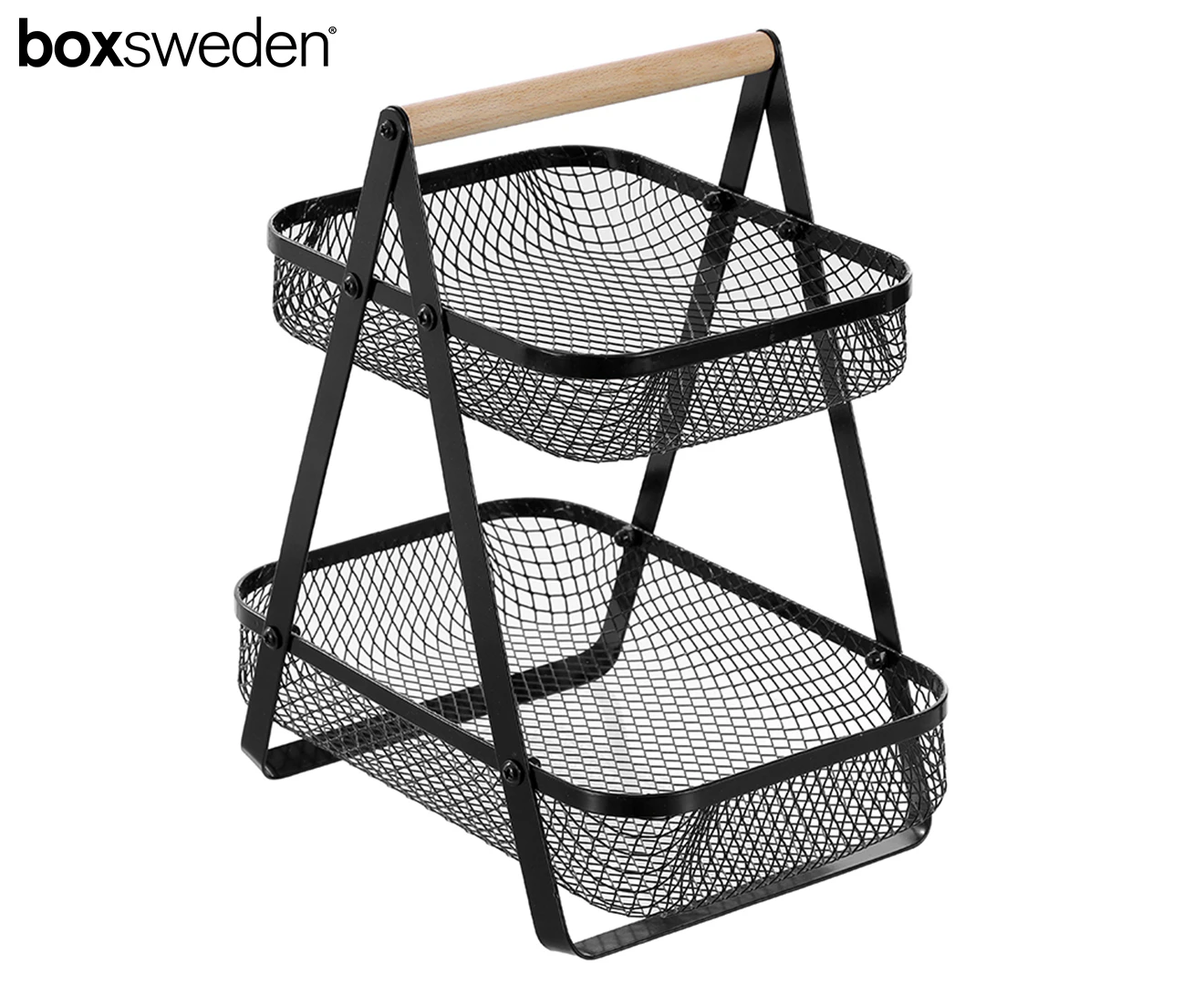 Boxsweden 29cm Mesh 2-Tier Bench Top Stand Organiser Rack w/ Wood Handle Black