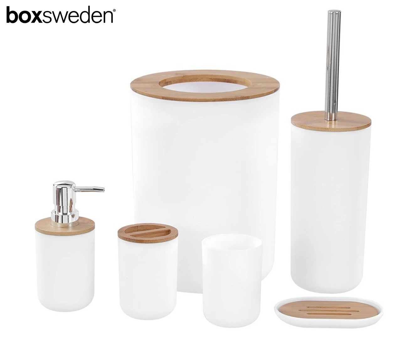 6pc Boxsweden WH Bathroom Set Soap Dispenser/Toilet Brush/Toothbrush Holder/Bin