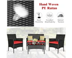 Costway 4PCS Outdoor Furniture Lounge Setting Rattan Patio Table Chairs Cushion Tempered Glass Tabletop Garden Bistro Backyard, Red