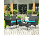 Costway 4PCS Outdoor Furniture Lounge Setting Rattan Patio Table Chairs Cushion Tempered Glass Tabletop Garden Bistro Backyard, Turquoise