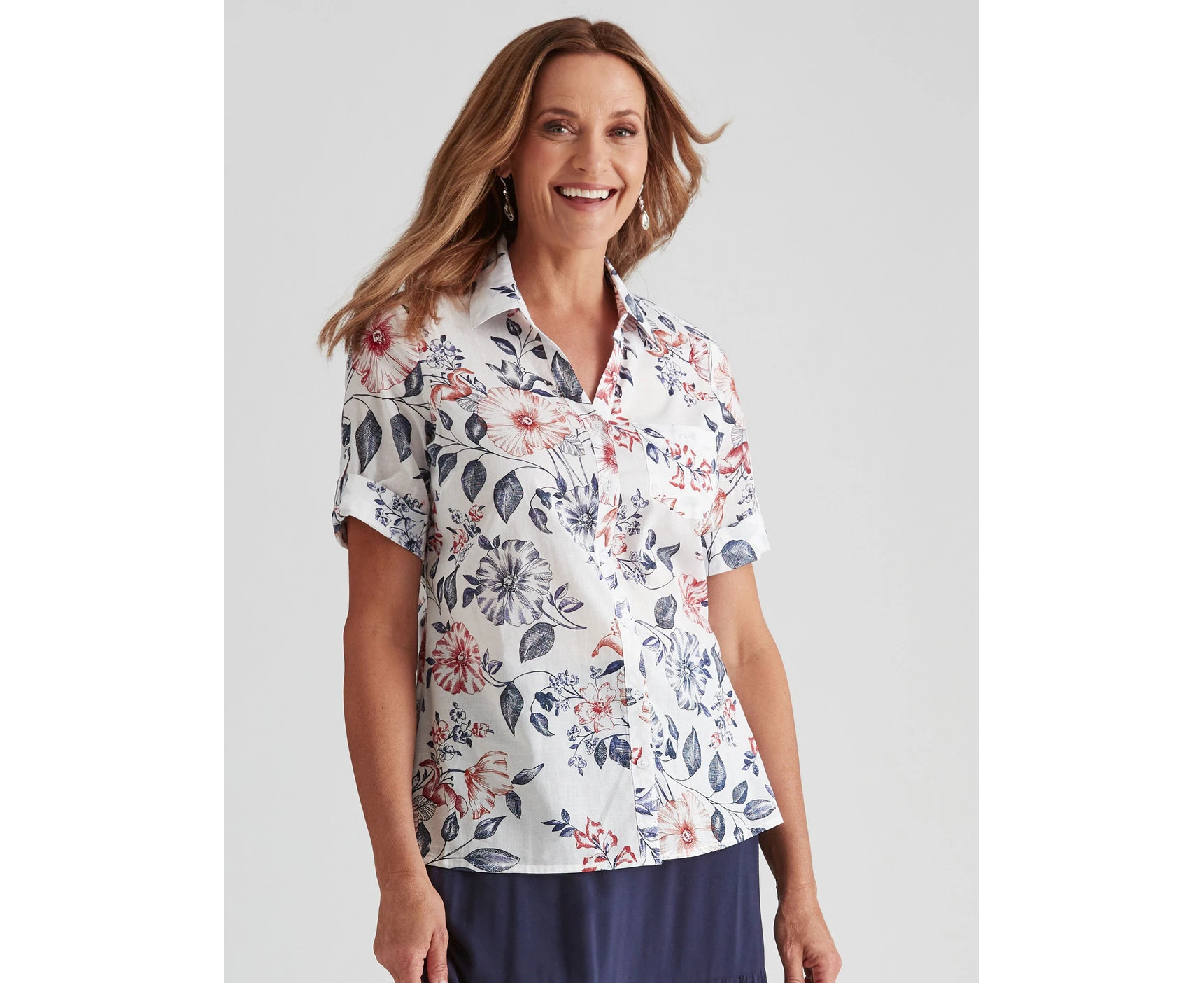 Millers - Womens All Season Tops - Blue Blouse / Shirt - Cotton - Floral Casual - Red - Relaxed Fit - Short Sleeve - V Neck - Voile Office Work Wear