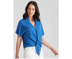 Katies Tie Front Woven Knitwear Top - Womens - Ocean Blue