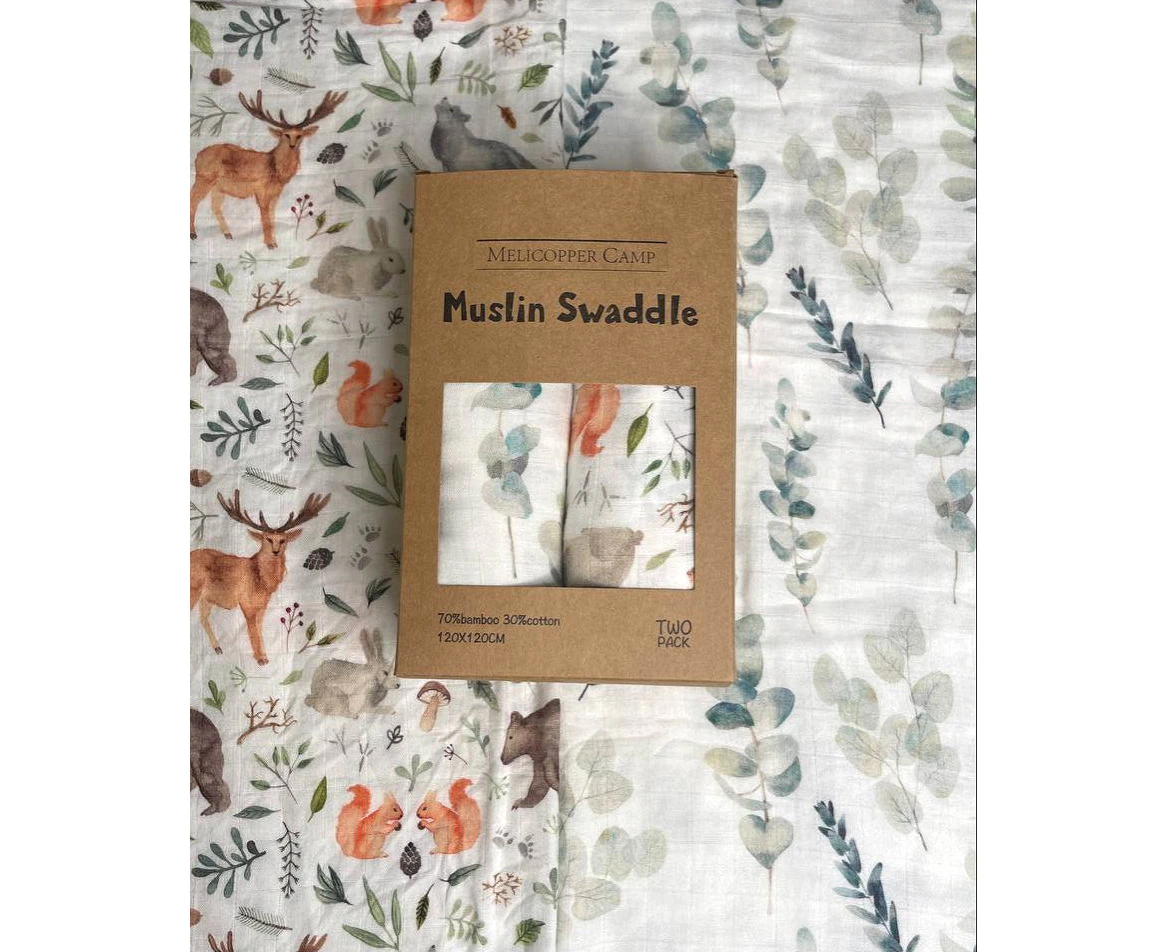 Melicopper Camp Muslin Swaddle Blankets-Soft Bamboo Cotton Baby Swaddle Blanket - Animals-Leaves