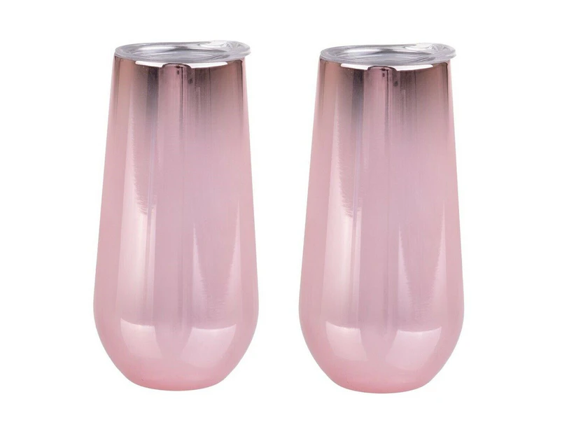 2 Pack Oasis 180ml Double Insulated Stemless Champagne Wine Tumbler w/ Lids - Mirror Rose Gold