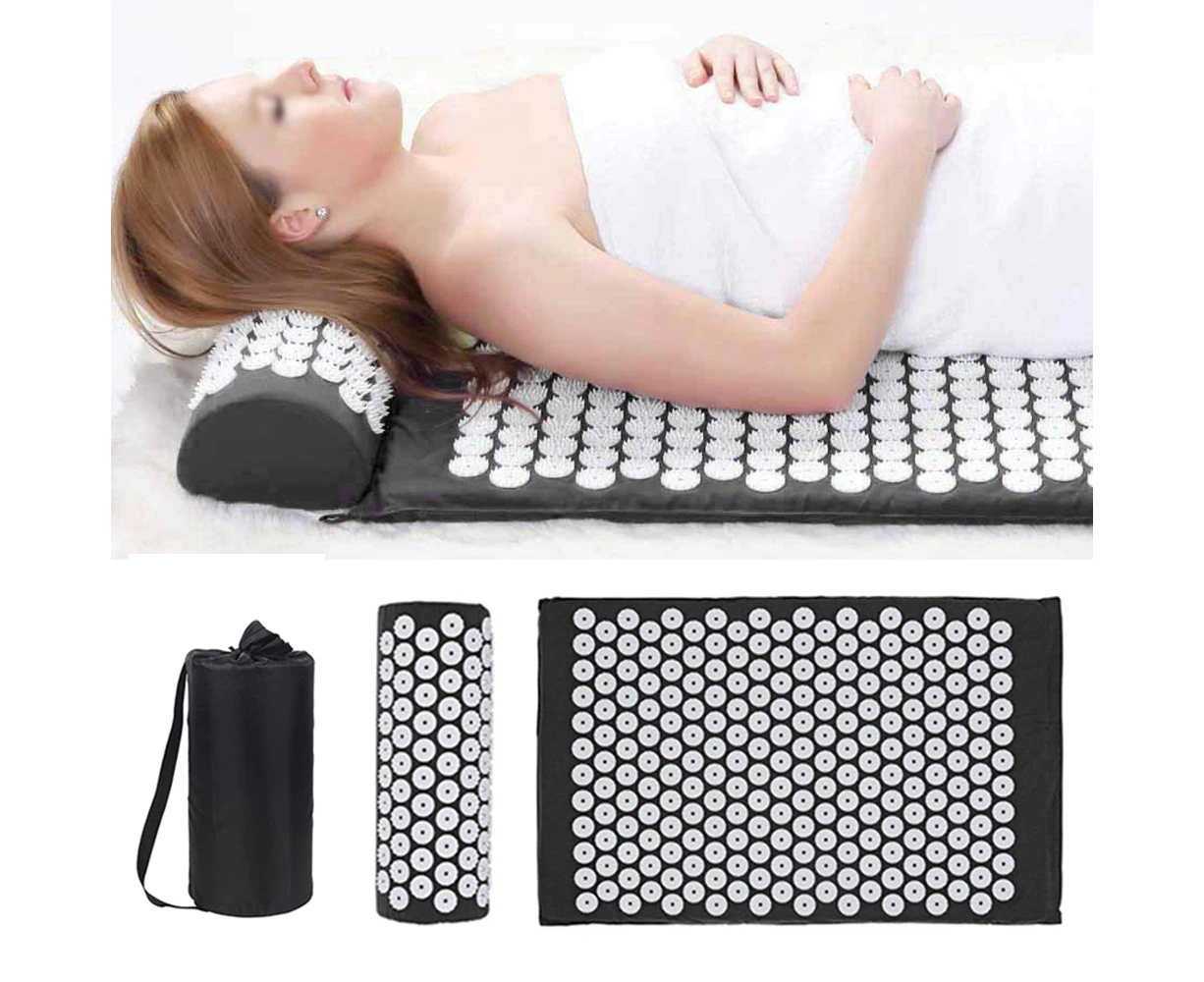 Massage Acupressure Mat Yoga Shakti Sit Lying Mats Pain Stress Soreness Relax Pillow Black