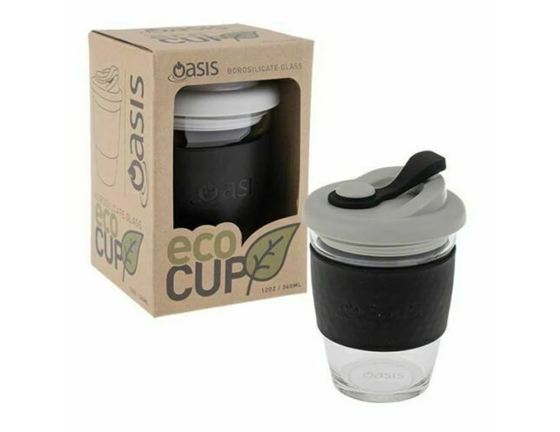 Oasis Coffee Tea Borosilicate Glass Takeway Ecofriendly Mug Reusable 340ml Black