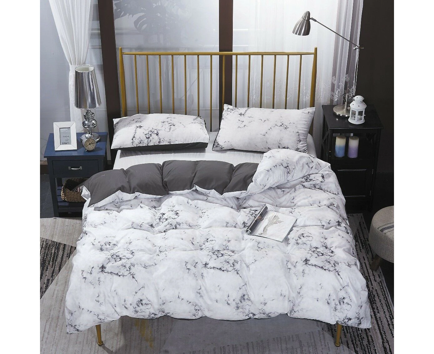 Grey White Marble Quilt Doona Duvet Cover Pillow Case Set