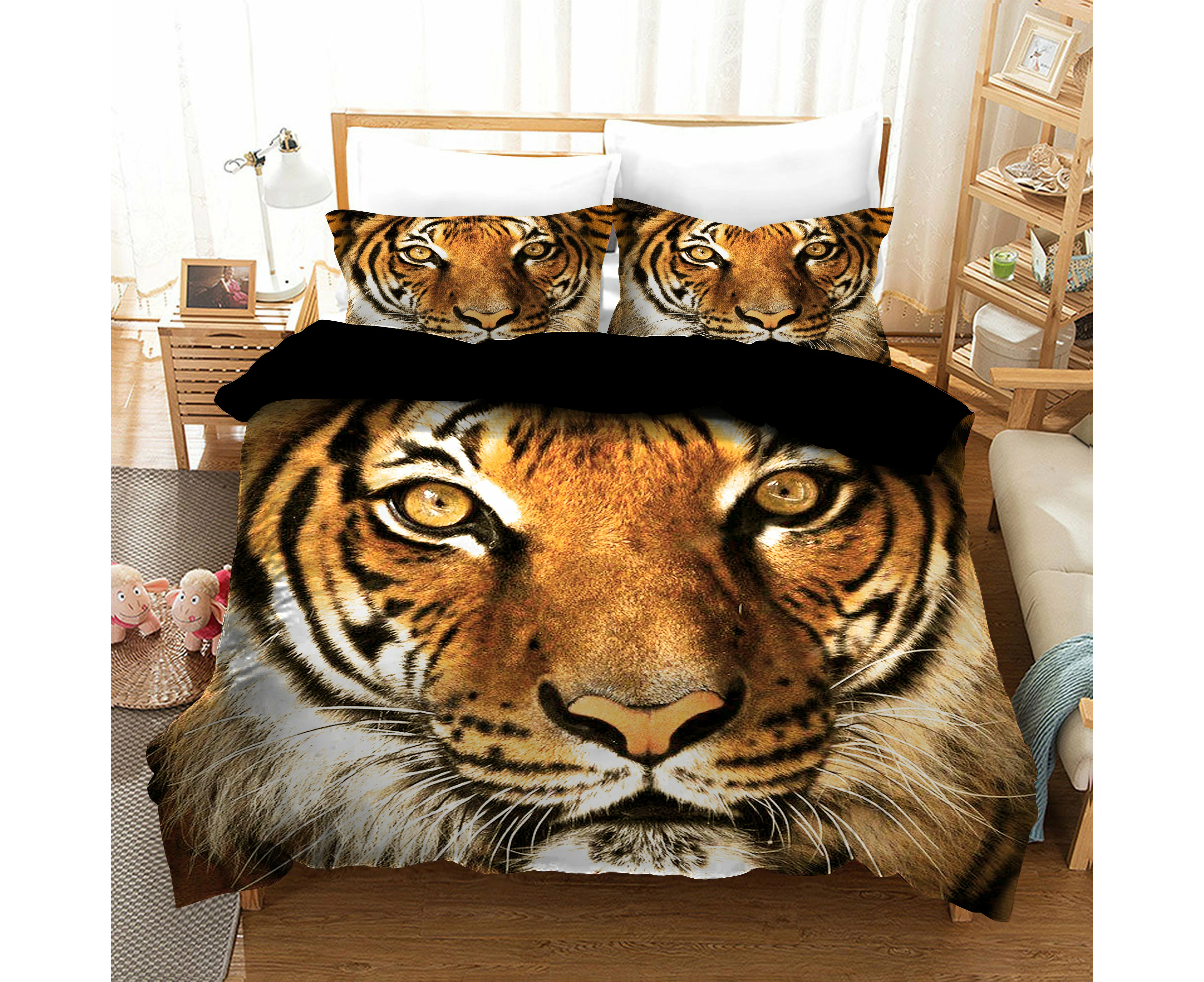 Orange Tiger Quilt Doona Duvet Cover Pillow Case Set