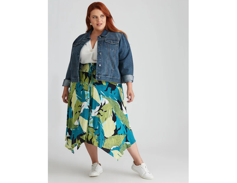 Beme Midi Length Tie Hanky Hem Skirt - Womens - Plus Size Curvy - Tropical Leaf Onl