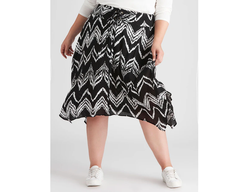 Beme Midi Length Tie Hanky Hem Skirt - Womens - Plus Size Curvy - Mono Print