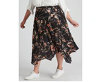 Beme Midi Length Tie Hanky Hem Skirt - Womens - Plus Size Curvy - Black Floral
