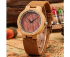 Fashion Bamboo Wood Quartz Watch Leather Strap Light Red Dial for Female