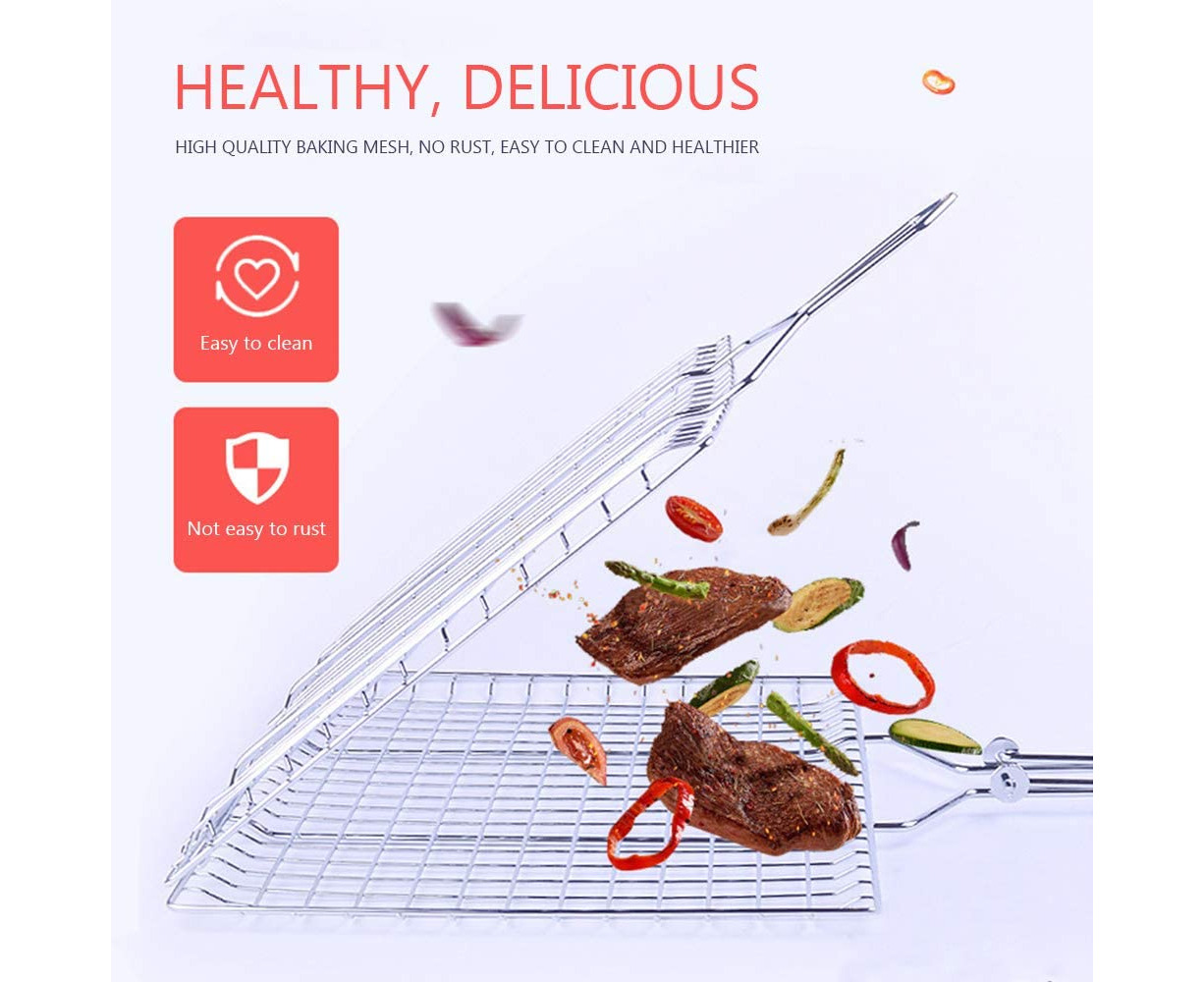 Barbecue Grill Basket, Foldable Non Stick Stainless Steel Wire Mesh Net  Clip, Portable BBQ Grill Tool with Handle for Fish Vegetables Meat Steak