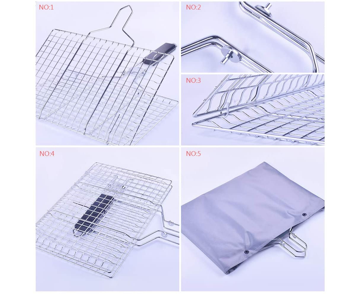 Barbecue Grill Basket, Foldable Non Stick Stainless Steel Wire Mesh Net  Clip, Portable BBQ Grill Tool with Handle for Fish Vegetables Meat Steak