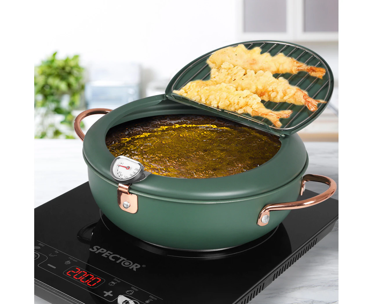 Toque Japanese Deep Frying Pot Tempura Fryer Pan Thermometer Rack 24cm Green