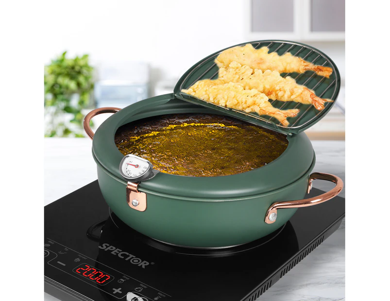 TOQUE Japanese Deep Frying Pan Kitchen Pot Thermometer Tempura Fryer 20cm Green