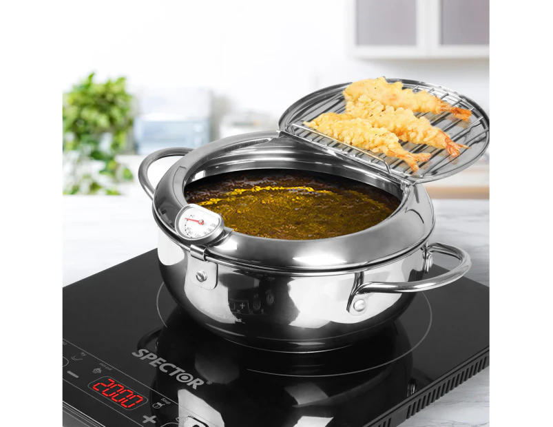 TOQUE Japanese Deep Frying Pot with Thermometer Kitchen Tempura Fryer Pan Silver