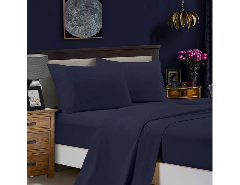 1000TC Ultra Soft Flat & Fitted Sheet  Set - Single/King Single/Double/Queen/King/Super King Size Bed - Midnight Blue