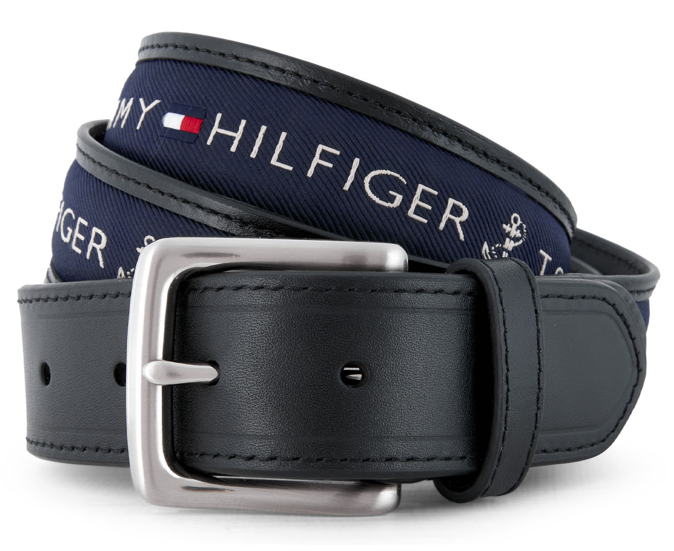 Tommy Hilfiger Men's Ribbon Inlay Leather Belt - Black/Navy | Catch.co.nz